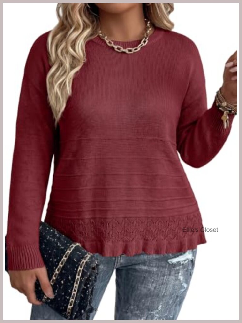 Plus Size Long Sleeve Crew Neck Ruffle Hem Pullover Sweater